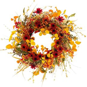 22Inch Artificial Daisy Flowers Wreath, Fall Wreath for Front Door, Artificial Autumn Harvest Wreath, Yellow Eucalyptus Leaves Wreath with Berry Flowers for Thanksgiving Door Autumn Decor