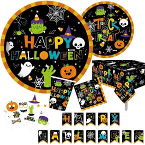 Serves 18 Complete Party Pack Cute Halloween Monsters and Ghosts Includes Paper Plates, Cups , Napkins, 2 Table Covers, Photo Props, Straws, Halloween Banner Halloween Party Supplies