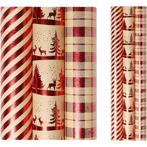 Win Change Christmas Wrapping Paper Rolls, Kraft Christmas Gift Wrapping Paper Set Vintage Wrapping Paper for Boys Men Women Girls 17 Inch X 10 Ft X 3 Roll(Christmas tree deer 42 Sq.Ft.Ttl)