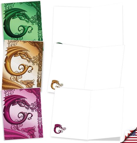 The Best Card Company - 20 Assorted Colored Monogram Blank Notecards, Personal Stationary Bulk Box Set 4 x 5.12 Inch w/Envelopes, Miss you and Just Because Notes - Dragon Initials J AM10319OCB-B2x10 in Saudi Arabia