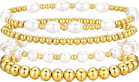 14k Plated Gold Beaded Pearl Bracelets stack, Gold Bracelets Non Tarnish Gold Pearl Bracelets Stretch for Women Bead Ball Bracelet Jewelry Gifts in Kuwait