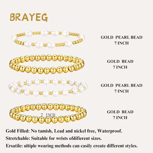 14k Plated Gold Beaded Pearl Bracelets stack, Gold Bracelets Non Tarnish Gold Pearl Bracelets Stretch for Women Bead Ball Bracelet Jewelry Gifts in Kuwait