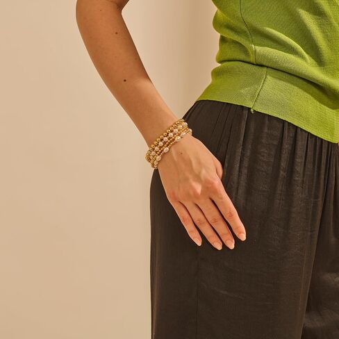 14k Plated Gold Beaded Pearl Bracelets stack, Gold Bracelets Non Tarnish Gold Pearl Bracelets Stretch for Women Bead Ball Bracelet Jewelry Gifts in Kuwait