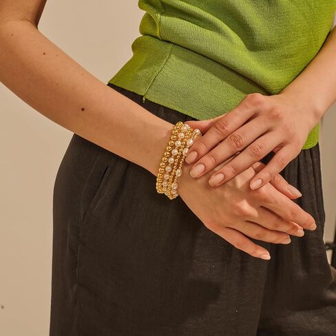 14k Plated Gold Beaded Pearl Bracelets stack, Gold Bracelets Non Tarnish Gold Pearl Bracelets Stretch for Women Bead Ball Bracelet Jewelry Gifts in Kuwait