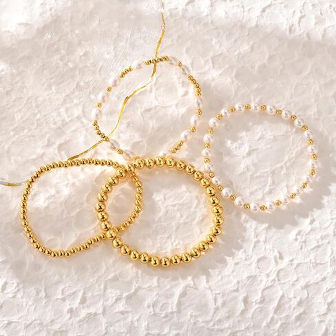 14k Plated Gold Beaded Pearl Bracelets stack, Gold Bracelets Non Tarnish Gold Pearl Bracelets Stretch for Women Bead Ball Bracelet Jewelry Gifts in Kuwait