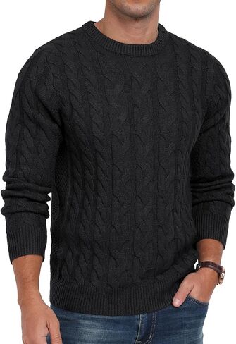 Askdeer Men's Pullover Sweater Cable Knit Chunky Sweater Classic Casual Crewneck Sweaters with Ribbing Edge in Kuwait