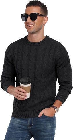 Askdeer Men's Pullover Sweater Cable Knit Chunky Sweater Classic Casual Crewneck Sweaters with Ribbing Edge in Kuwait