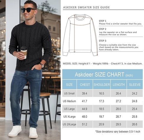 Askdeer Men's Pullover Sweater Cable Knit Chunky Sweater Classic Casual Crewneck Sweaters with Ribbing Edge in Kuwait