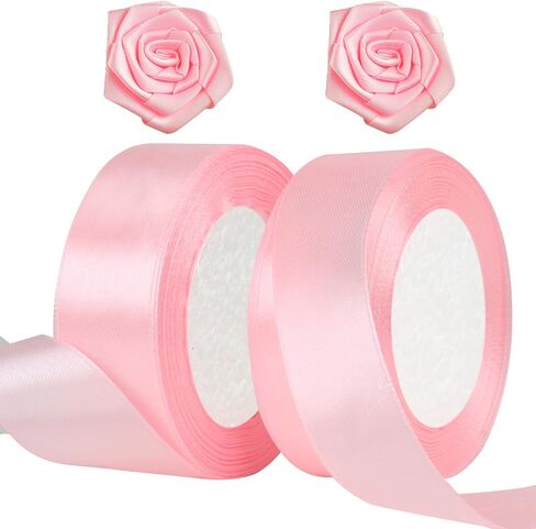 Phinus 2 Roll 1 inch Pink Ribbon, 24 Yards Pink Satin Ribbon, Light Pink Ribbon, Fabric Ribbon for Flower Bouquet, Pink Ribbon for Gift Wrapping, Ribbon Pink for Wedding, Handmade Bows and Craft in Saudi Arabia