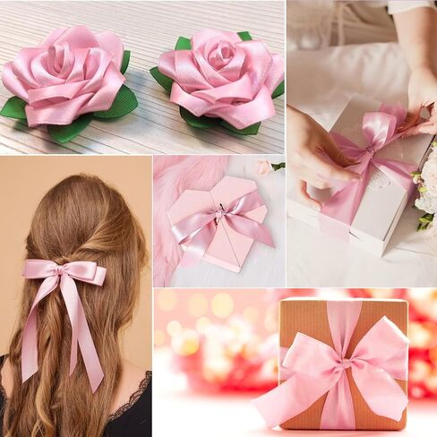 Phinus 2 Roll 1 inch Pink Ribbon, 24 Yards Pink Satin Ribbon, Light Pink Ribbon, Fabric Ribbon for Flower Bouquet, Pink Ribbon for Gift Wrapping, Ribbon Pink for Wedding, Handmade Bows and Craft in Saudi Arabia