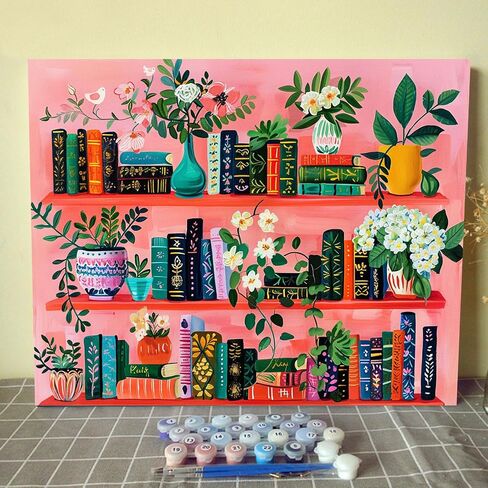 Bookshelf Book Theme Pink Library Paint by Numbers Kits for Adult Vintage Paint by Numbers Boho Painting Kits on Canvas with Brushes and Acrylic Pigment for Home Wall Without Framed 16''W x 20''H in Saudi Arabia