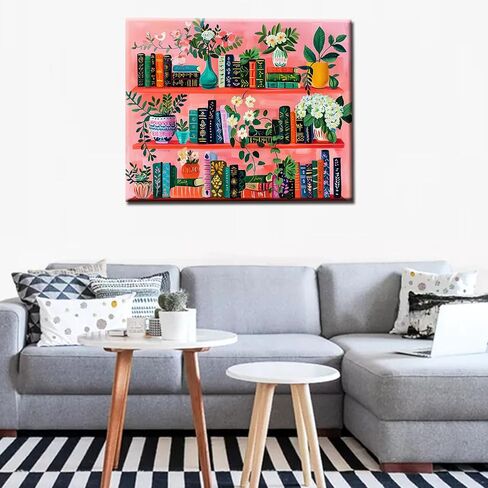 Bookshelf Book Theme Pink Library Paint by Numbers Kits for Adult Vintage Paint by Numbers Boho Painting Kits on Canvas with Brushes and Acrylic Pigment for Home Wall Without Framed 16''W x 20''H in Saudi Arabia