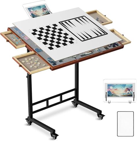Puzzle Table with Drawers, 1500 Piece Jigsaw Puzzle Board with Wood Cover and Shelf, Tiltable and 14 Level Height Adjustable, Foldable Puzzle Table with Wheels for Adults Puzzle Enthusiasts in Saudi Arabia