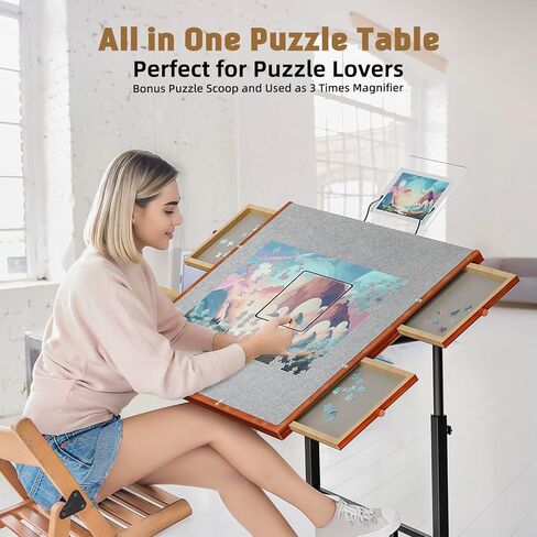 Puzzle Table with Drawers, 1500 Piece Jigsaw Puzzle Board with Wood Cover and Shelf, Tiltable and 14 Level Height Adjustable, Foldable Puzzle Table with Wheels for Adults Puzzle Enthusiasts in Saudi Arabia
