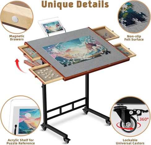Puzzle Table with Drawers, 1500 Piece Jigsaw Puzzle Board with Wood Cover and Shelf, Tiltable and 14 Level Height Adjustable, Foldable Puzzle Table with Wheels for Adults Puzzle Enthusiasts in Saudi Arabia