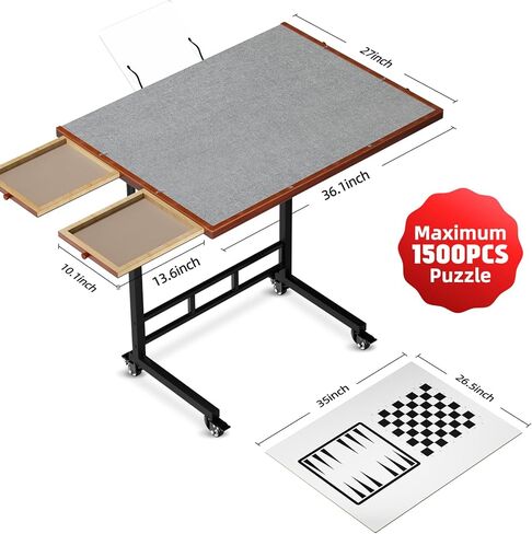 Puzzle Table with Drawers, 1500 Piece Jigsaw Puzzle Board with Wood Cover and Shelf, Tiltable and 14 Level Height Adjustable, Foldable Puzzle Table with Wheels for Adults Puzzle Enthusiasts in Saudi Arabia