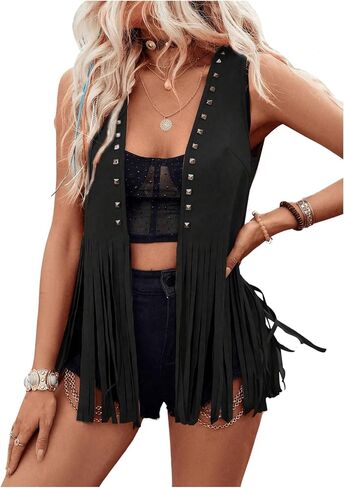 GORGLITTER Women's Fringe Vest Sleeveless Western Country Concert Cowgirl Outfits 70s Hippie Faux Suede Jacket Cardigan in Saudi Arabia