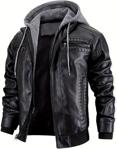 INVACHI Men's Casual Faux Leather Jacket Motorcycle Bomber Stand Collar Jacket with Removable Hood in Kuwait