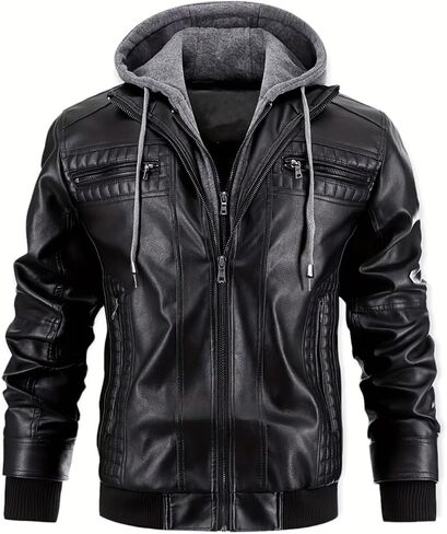 INVACHI Men's Casual Faux Leather Jacket Motorcycle Bomber Stand Collar Jacket with Removable Hood in Kuwait