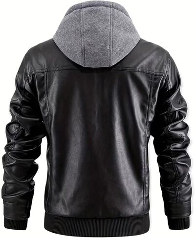 INVACHI Men's Casual Faux Leather Jacket Motorcycle Bomber Stand Collar Jacket with Removable Hood in Kuwait