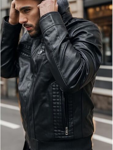 INVACHI Men's Casual Faux Leather Jacket Motorcycle Bomber Stand Collar Jacket with Removable Hood in Kuwait