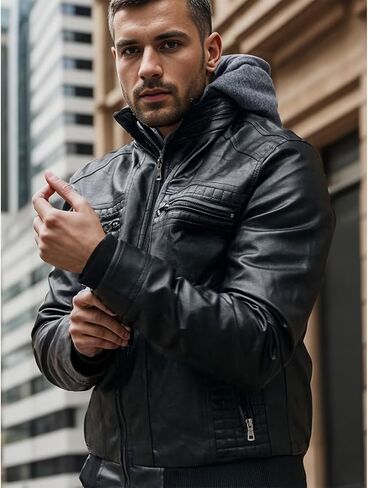 INVACHI Men's Casual Faux Leather Jacket Motorcycle Bomber Stand Collar Jacket with Removable Hood in Kuwait