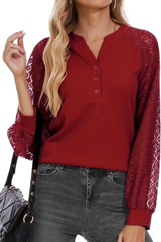 Women Long Sleeve Tops Casual Lace T-shirt V Neck Loose Blouse Business Dressy Tee Shirt Knitted Tops in Saudi Arabia