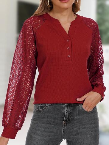 Women Long Sleeve Tops Casual Lace T-shirt V Neck Loose Blouse Business Dressy Tee Shirt Knitted Tops in Saudi Arabia