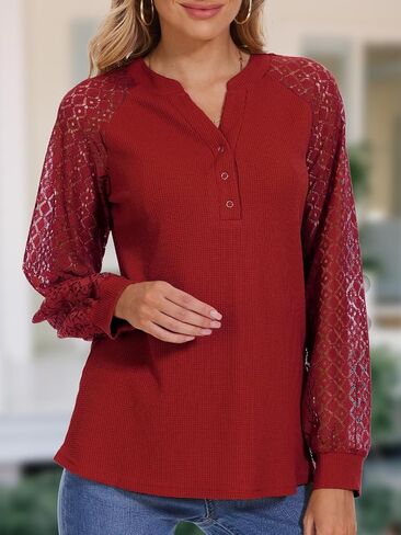 Women Long Sleeve Tops Casual Lace T-shirt V Neck Loose Blouse Business Dressy Tee Shirt Knitted Tops in Saudi Arabia