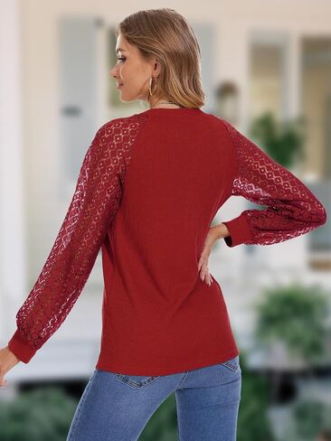 Women Long Sleeve Tops Casual Lace T-shirt V Neck Loose Blouse Business Dressy Tee Shirt Knitted Tops in Saudi Arabia