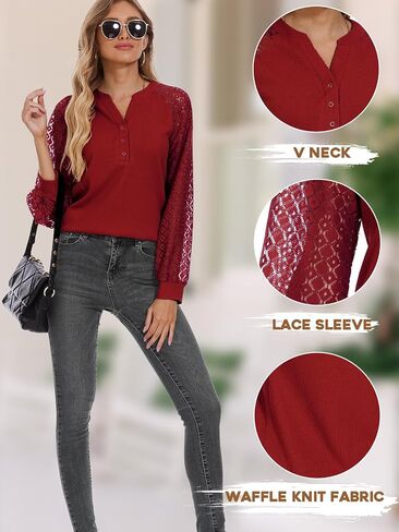 Women Long Sleeve Tops Casual Lace T-shirt V Neck Loose Blouse Business Dressy Tee Shirt Knitted Tops in Saudi Arabia