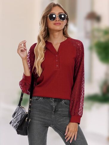 Women Long Sleeve Tops Casual Lace T-shirt V Neck Loose Blouse Business Dressy Tee Shirt Knitted Tops in Saudi Arabia