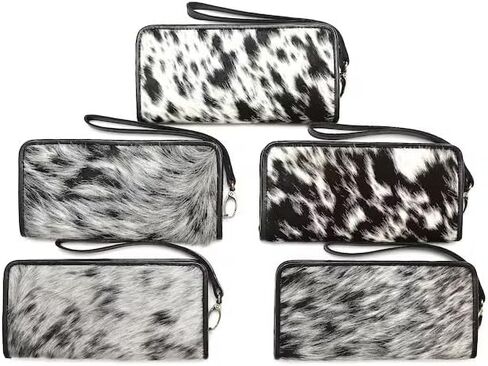 Womens Zipper Wristlet Cowhide Clutch Real Leather Hair on Wallet Western Purse, Handbag Organizer for women (Tricolor) in Saudi Arabia
