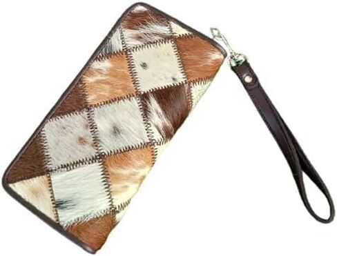 Womens Zipper Wristlet Cowhide Clutch Real Leather Hair on Wallet Western Purse, Handbag Organizer for women (Tricolor) in Saudi Arabia