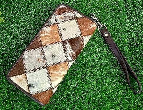 Womens Zipper Wristlet Cowhide Clutch Real Leather Hair on Wallet Western Purse, Handbag Organizer for women (Tricolor) in Saudi Arabia