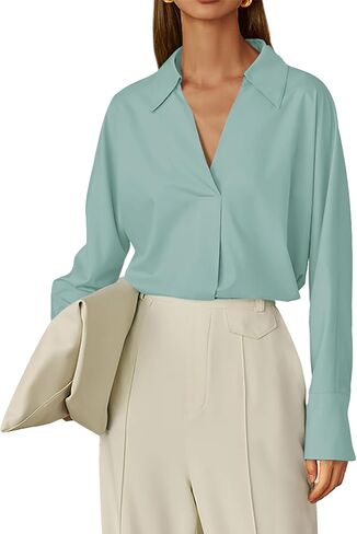 بلوزة عمل نسائية من Prettywear بأكمام طويلة بياقة على شكل V قمصان رسمية للمكتب ملابس علوية فضفاضة غير رسمية 2024 in Kuwait