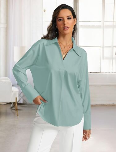 بلوزة عمل نسائية من Prettywear بأكمام طويلة بياقة على شكل V قمصان رسمية للمكتب ملابس علوية فضفاضة غير رسمية 2024 in Kuwait