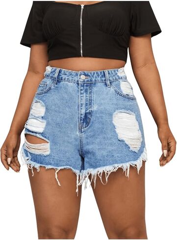 Women's Plus Size Ripped Jean Shorts High Waist Frayed Wide Leg Denim Shorts in Saudi Arabia