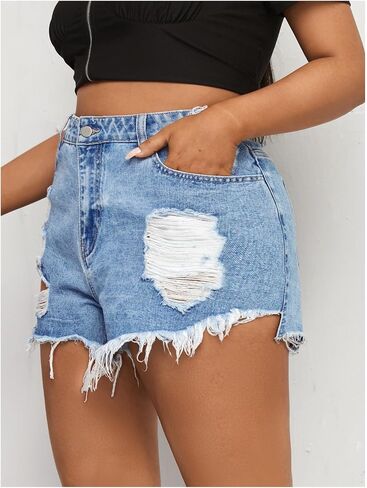 Women's Plus Size Ripped Jean Shorts High Waist Frayed Wide Leg Denim Shorts in Saudi Arabia