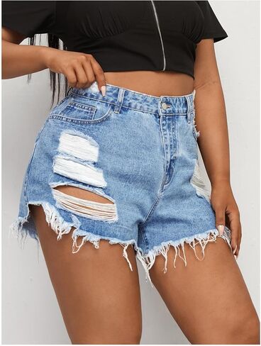 Women's Plus Size Ripped Jean Shorts High Waist Frayed Wide Leg Denim Shorts in Saudi Arabia