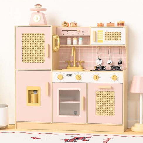 Wooden Kitchen Playset for Kids - Pink Pretend Play Kitchen with Lights & Sounds, Retro Style Toy Kitchen for Toddlers Ages 3+, Wooden Play Kitchen Set with Realistic Design (Pink) in Saudi Arabia