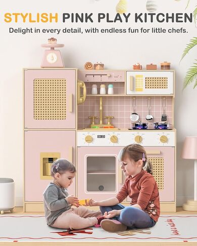 Wooden Kitchen Playset for Kids - Pink Pretend Play Kitchen with Lights & Sounds, Retro Style Toy Kitchen for Toddlers Ages 3+, Wooden Play Kitchen Set with Realistic Design (Pink) in Saudi Arabia