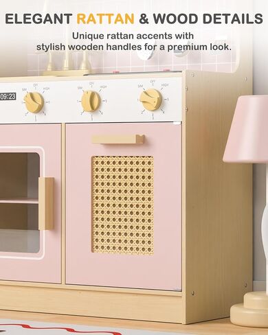 Wooden Kitchen Playset for Kids - Pink Pretend Play Kitchen with Lights & Sounds, Retro Style Toy Kitchen for Toddlers Ages 3+, Wooden Play Kitchen Set with Realistic Design (Pink) in Saudi Arabia