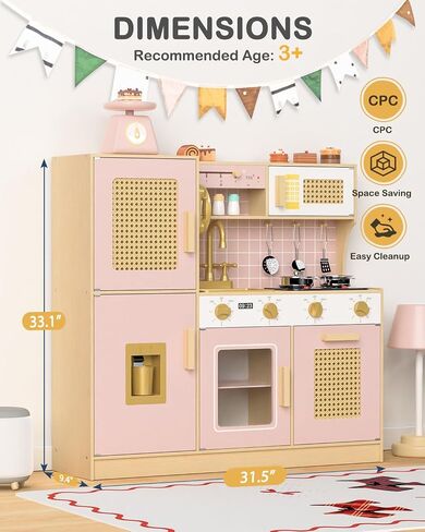 Wooden Kitchen Playset for Kids - Pink Pretend Play Kitchen with Lights & Sounds, Retro Style Toy Kitchen for Toddlers Ages 3+, Wooden Play Kitchen Set with Realistic Design (Pink) in Saudi Arabia