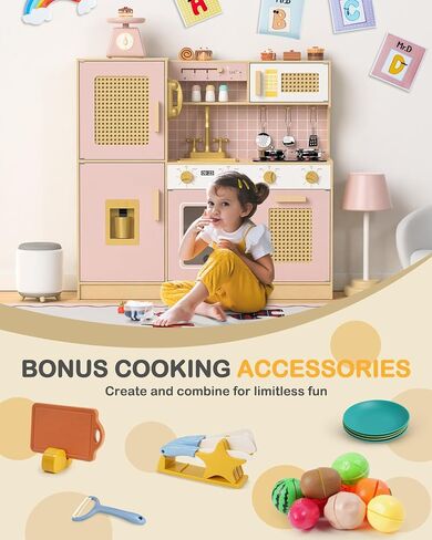 Wooden Kitchen Playset for Kids - Pink Pretend Play Kitchen with Lights & Sounds, Retro Style Toy Kitchen for Toddlers Ages 3+, Wooden Play Kitchen Set with Realistic Design (Pink) in Saudi Arabia