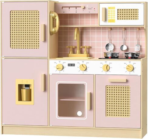 Wooden Kitchen Playset for Kids - Pink Pretend Play Kitchen with Lights & Sounds, Retro Style Toy Kitchen for Toddlers Ages 3+, Wooden Play Kitchen Set with Realistic Design (Pink) in Saudi Arabia