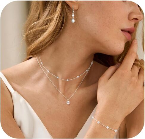 DIBOLA Gold Jewelry Set for Women, Dainty Layered Necklaces 14K Gold/Silver Pearl Necklaces for Women Pearl Necklace and Earring Set Pearl Earrings Pearl Bracelets Pearl Choker Wedding Bride Jewelry in Saudi Arabia