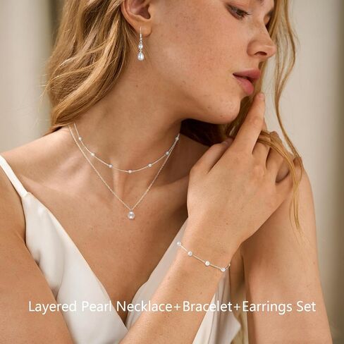 DIBOLA Gold Jewelry Set for Women, Dainty Layered Necklaces 14K Gold/Silver Pearl Necklaces for Women Pearl Necklace and Earring Set Pearl Earrings Pearl Bracelets Pearl Choker Wedding Bride Jewelry in Saudi Arabia