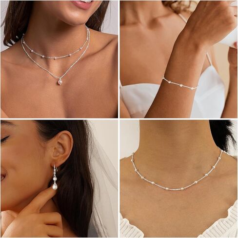 DIBOLA Gold Jewelry Set for Women, Dainty Layered Necklaces 14K Gold/Silver Pearl Necklaces for Women Pearl Necklace and Earring Set Pearl Earrings Pearl Bracelets Pearl Choker Wedding Bride Jewelry in Saudi Arabia