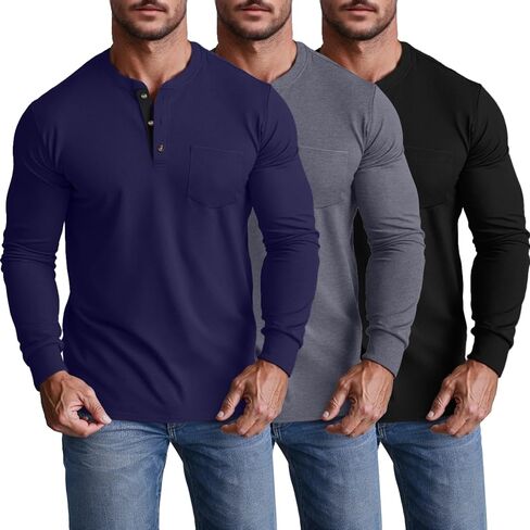 Riyiper 3 Pack Men's Long Sleeve Henley Shirts with Pocket Slim Fit Round Neck Casual Tops with Button Basic Tee in Kuwait